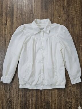 Vtg Current Seen Women L Cream Nylon Jacket Cotton Lined Snap Front Puff Sleeve